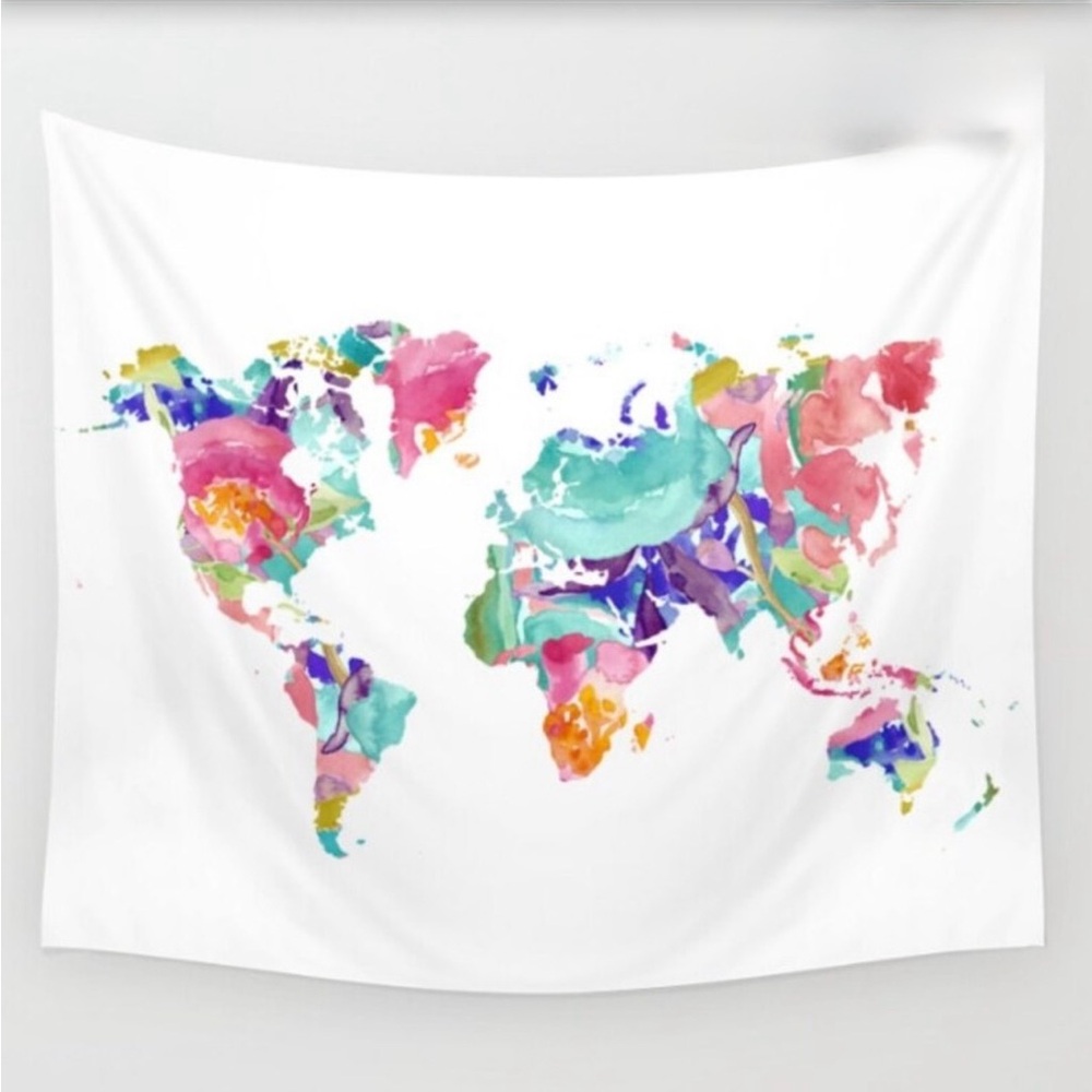 Vibrant Watercolor World Map Tapestry 61” x 50”